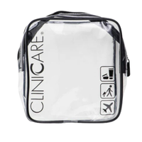 ClinicCare clear travel toiletry bag with black zip and travel icons on white background