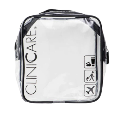 ClinicCare clear travel toiletry bag with black zip and travel icons on white background