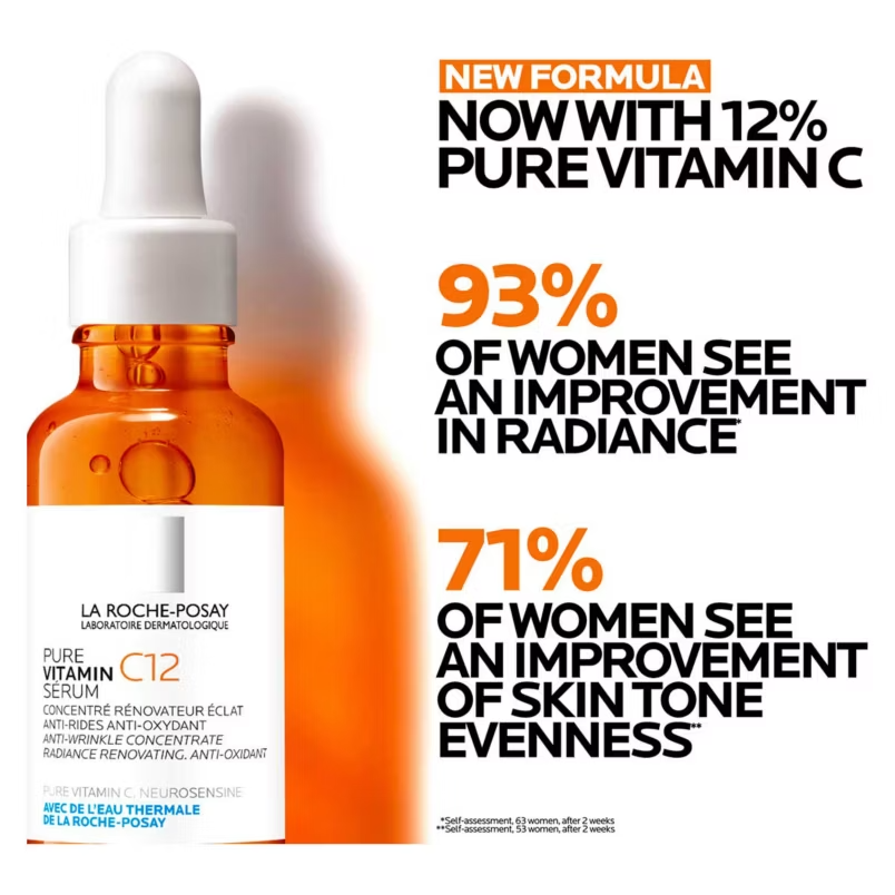 La Roche-Posay serum bottle with vitamin C content and user improvement statistics on a white background