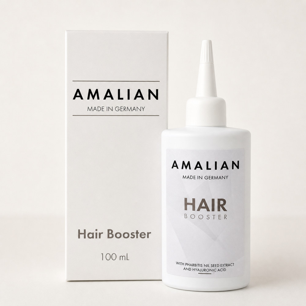 Amalian Hair Growth Booster 100ml bottle beside its retail box, made in Germany with Pharbitis Nil seed extract and hyaluronic acid