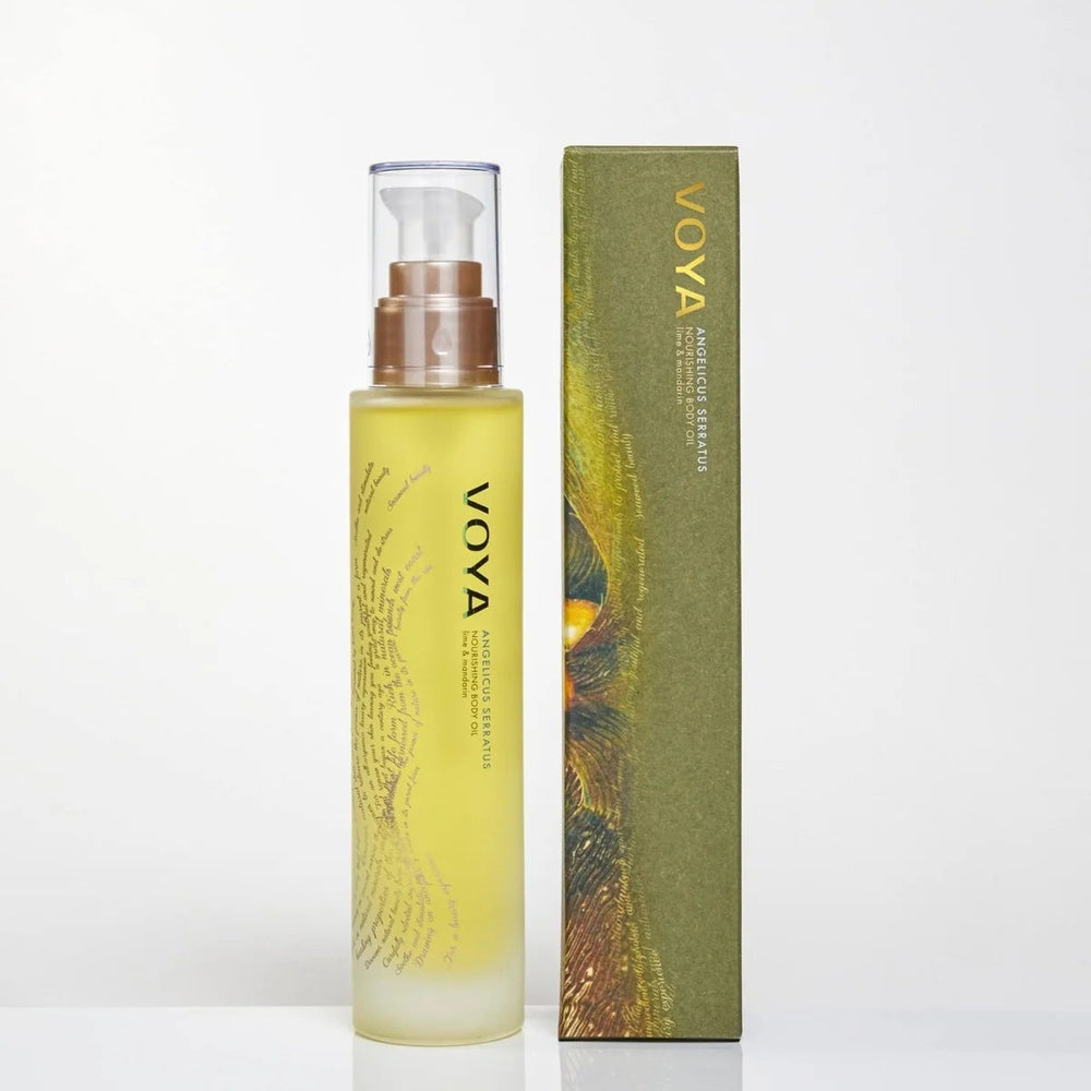 Voya body oil with packaging on a white background