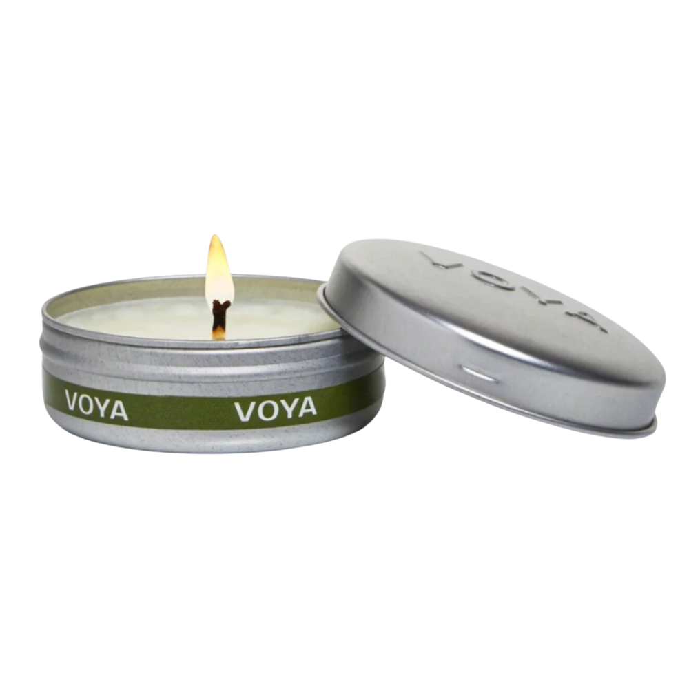 Voya candle in a tin with lid on a white background