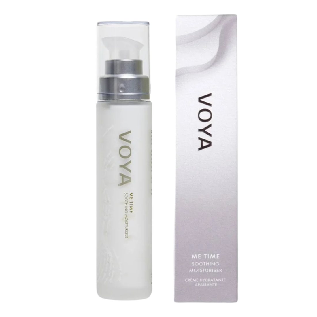 Voya Me Time Soothing Moisturiser in a glass bottle with pump dispenser and clear plastic lid standring next to its branded box packaging 