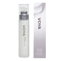 Voya Me Time Soothing Moisturiser in a glass bottle with pump dispenser and clear plastic lid standring next to its branded box packaging 