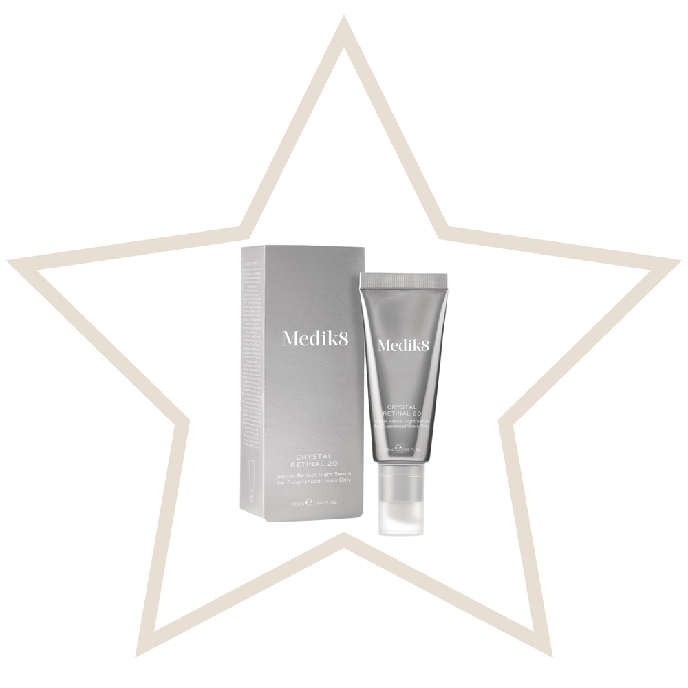 Medik8 skincare product and packaging on a white background with a star-shaped frame.