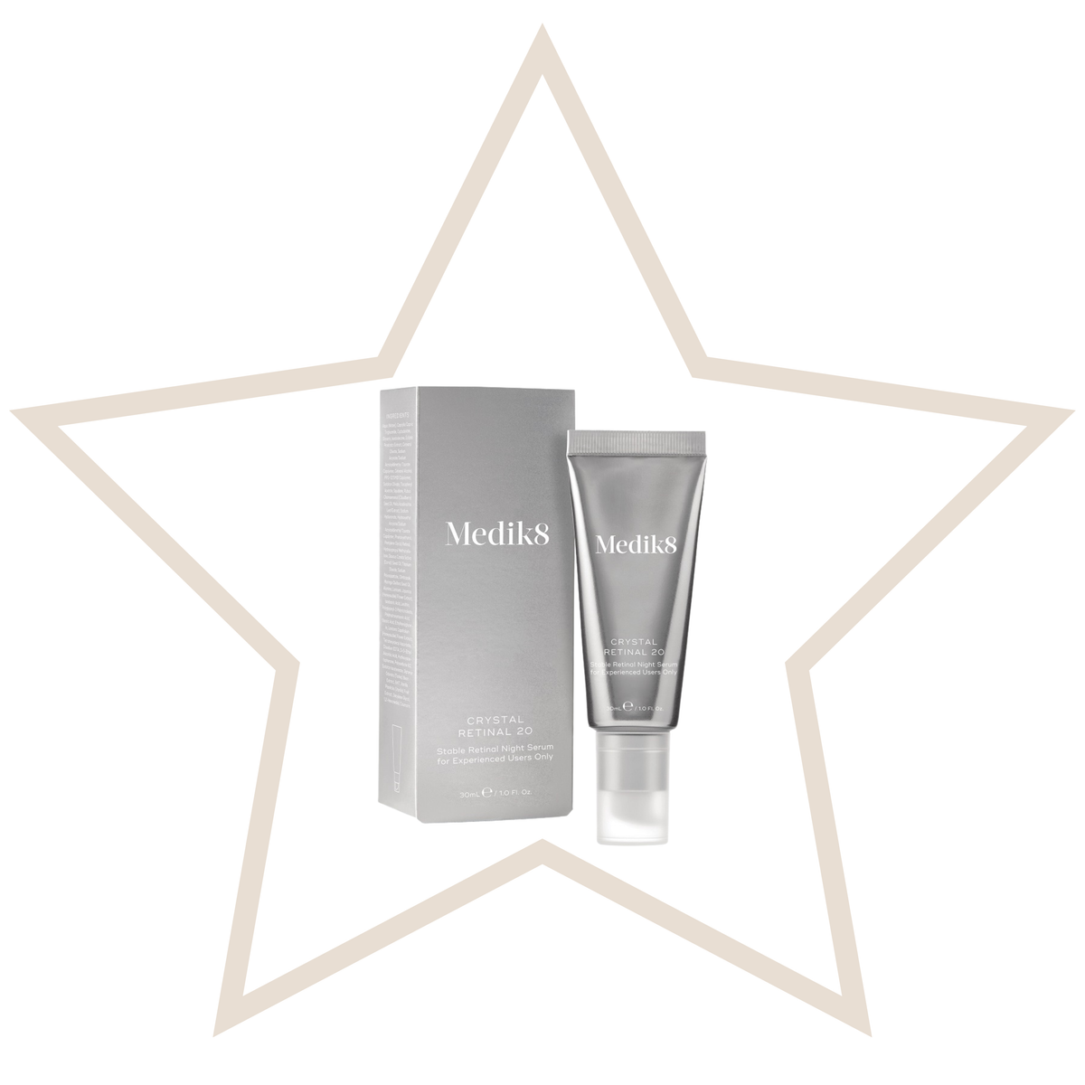 Medik8 skincare product and packaging on a white background with a star-shaped frame.