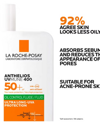 La Roche Posay Anthelios UVMune Oil Control fluid spf50+ 50ml bottle with text on benefits of the products 