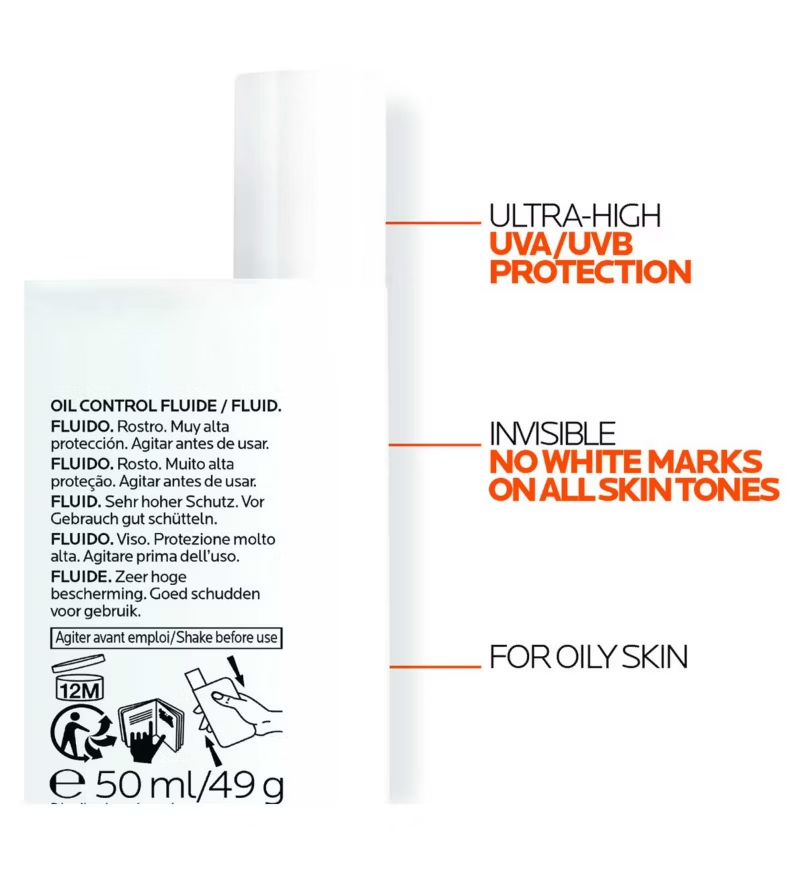 La Roche Posay Anthelios UVMune Oil Control fluid spf50+ 50ml back of packaging with uses