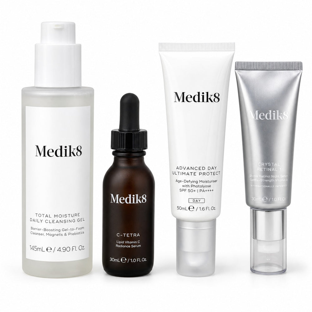 Medik8 routine bundle: Total Moisture Cleansing Gel, C-Tetra, Advanced Day Ultimate Protect SPF50+ and Crystal Retinal 1