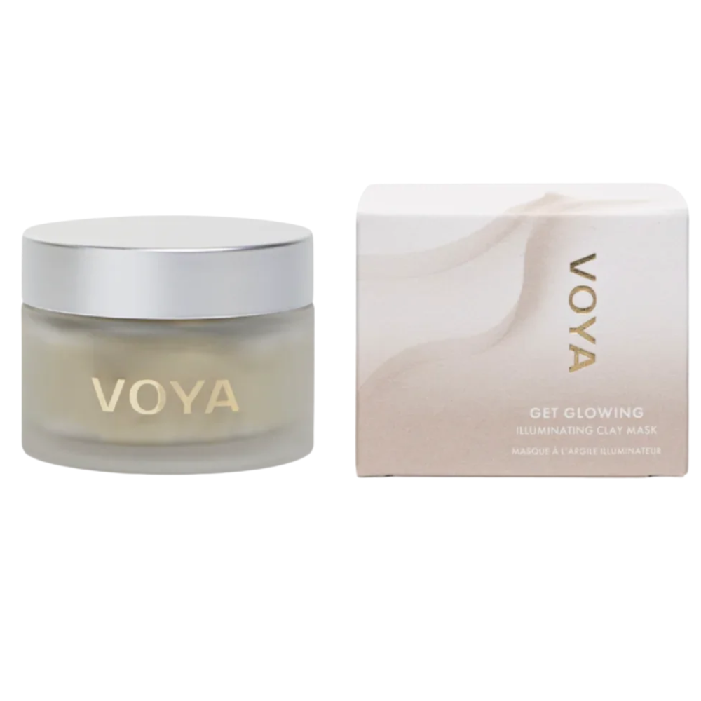 Voya Get Glowing Illuminating Clay Mask in glass jar with lid