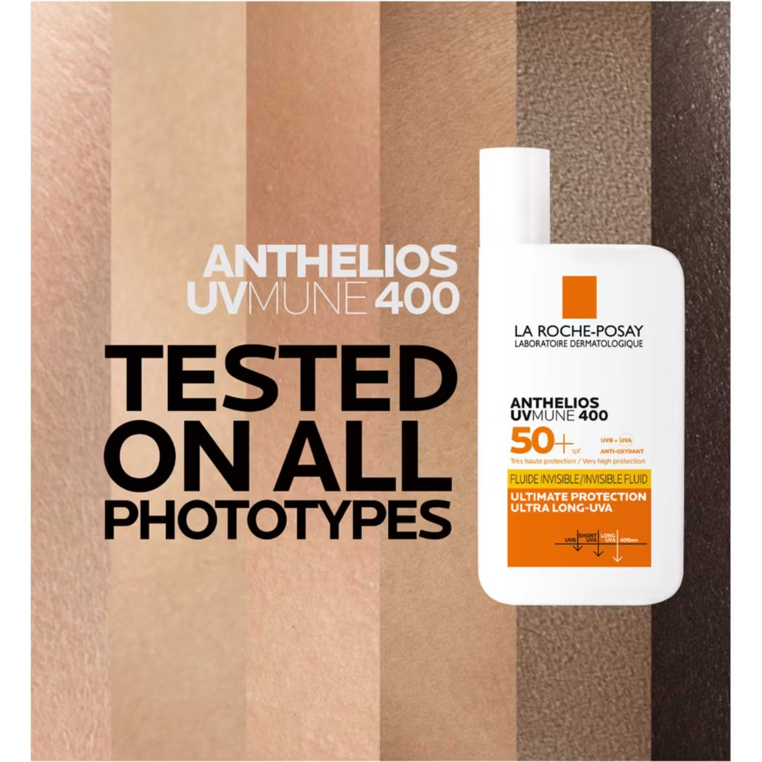 La Roche-Posay Anthelios UV Mune 400 sunscreen bottle on a striped background