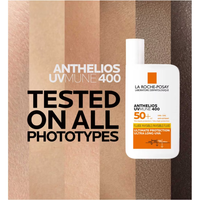 La Roche-Posay Anthelios UV Mune 400 sunscreen bottle on a striped background