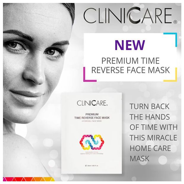 ClinicCare Premium Time Reverse Face Mask promotional image with model applying the mask