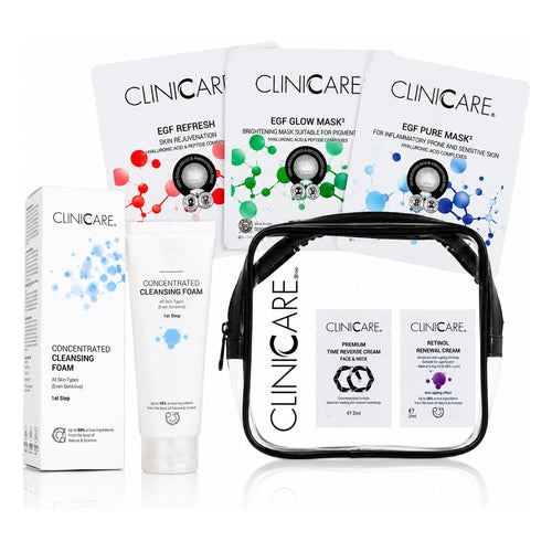 ClinicCare Concentrated Cleansing Foam, 3 Sheet Masks, Travel Case + Samples Bundle