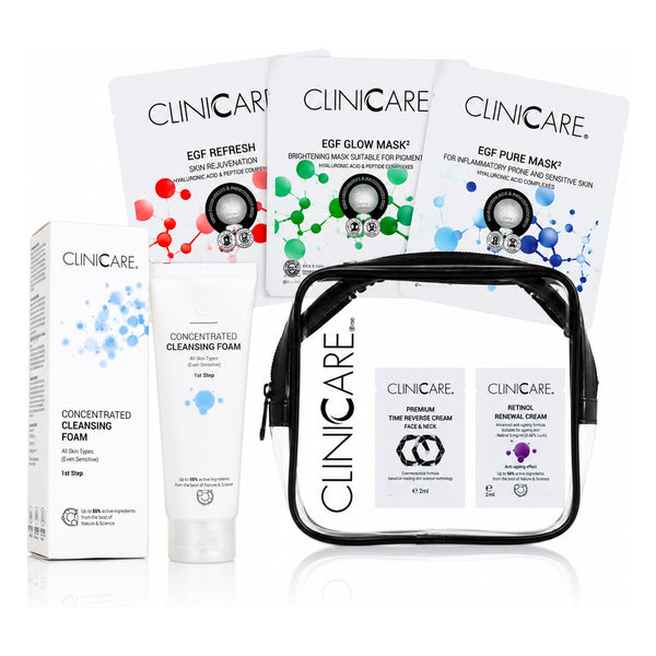 ClinicCare Concentrated Cleansing Foam, 3 Sheet Masks, Travel Case + Samples Bundle