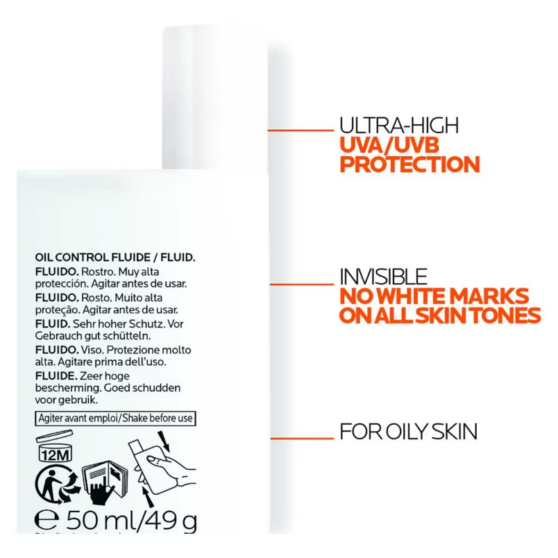 La Roche Posay Anthelios UVMune Oil Control fluid spf50+ 50ml back of packaging with uses