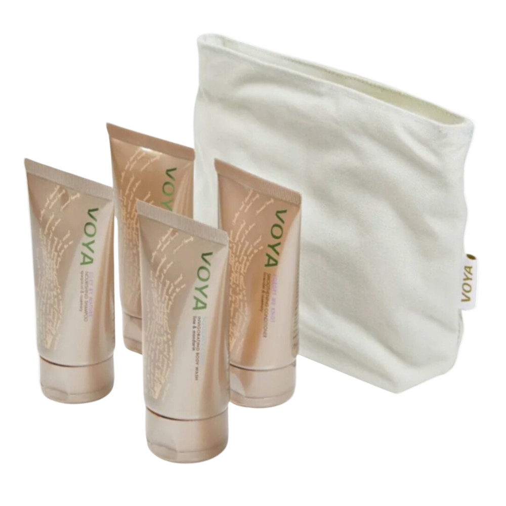 Set of Voya skincare products including tubes and a pouch on a white background