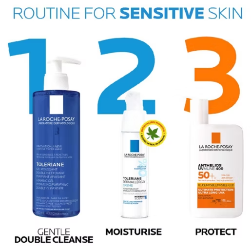 Three La Roche-Posay skincare products with step-by-step instructions for sensitive skin care on a white background.
