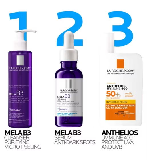 Three La Roche-Posay skincare products with labels on a white background