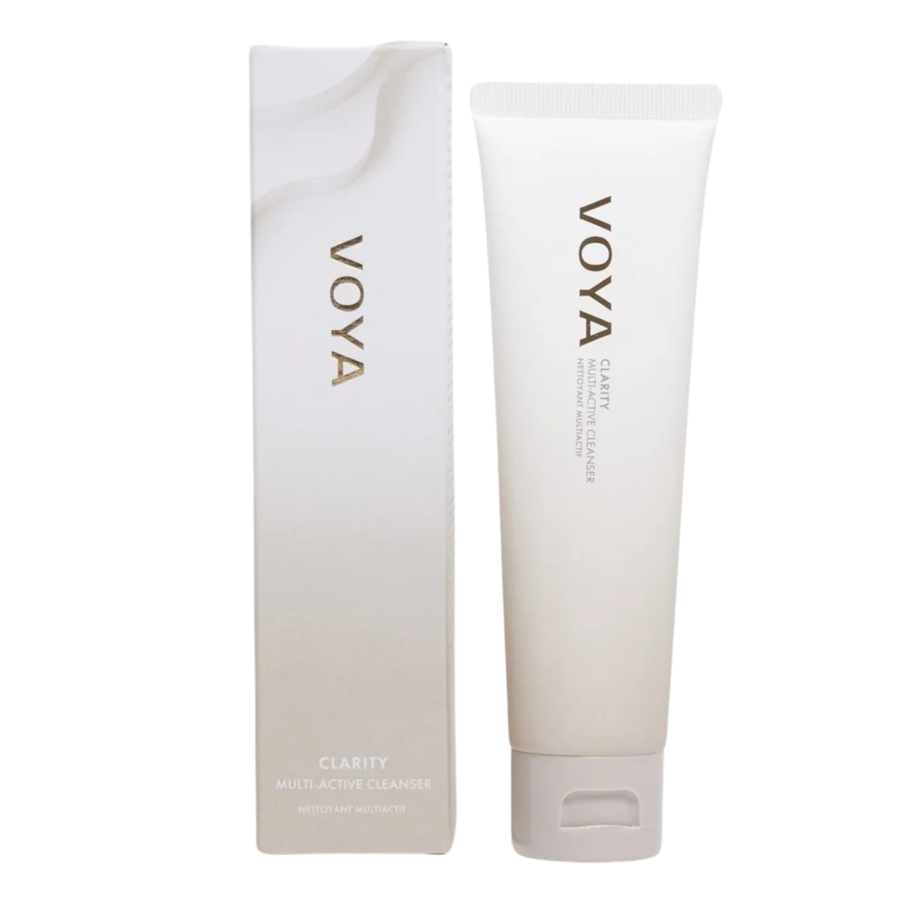 Voya Clarity MultiActive Cleanser, white tube packaging with flip cap
