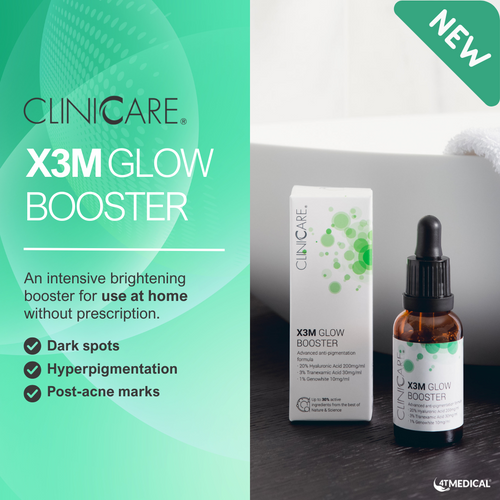 ClinicCare X3M Glow Booster dropper bottle and box on bathroom shelf with white towels