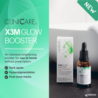 ClinicCare X3M Glow Booster dropper bottle and box on bathroom shelf with white towels