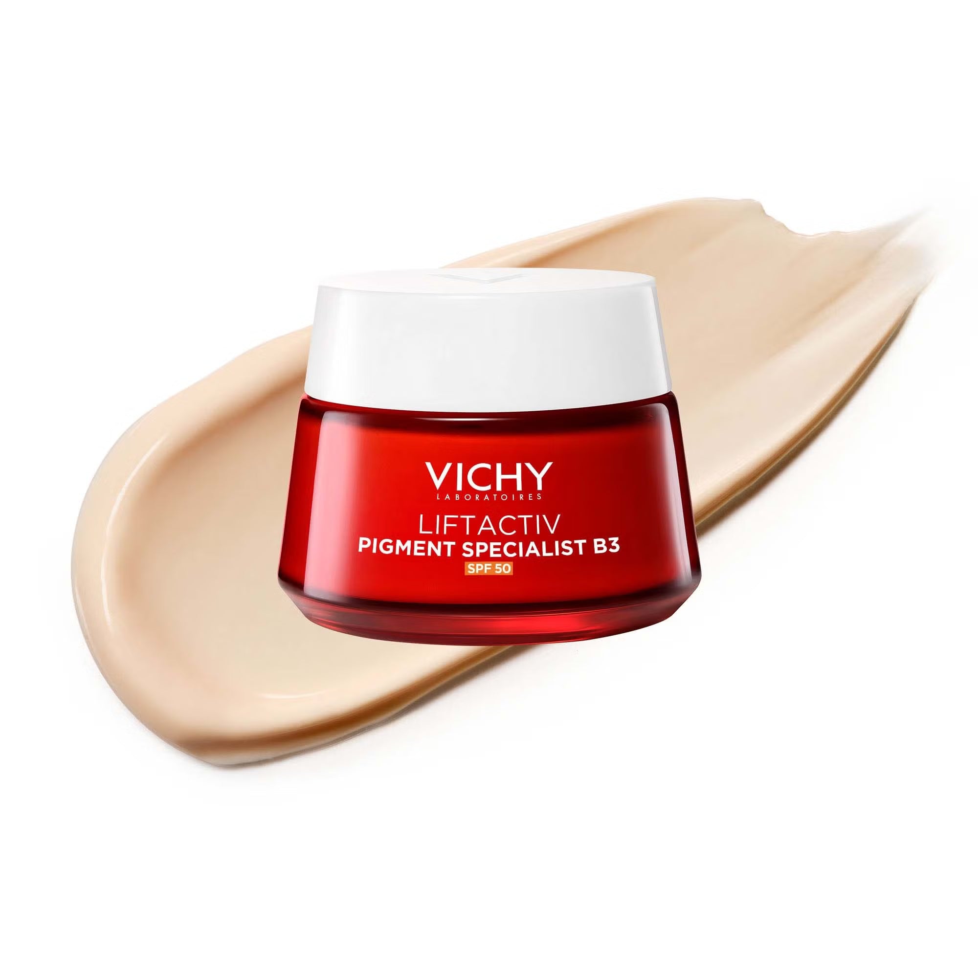 Vichy LiftActiv Pigment Specialist B3 cream jar with a beige swatch on a white background