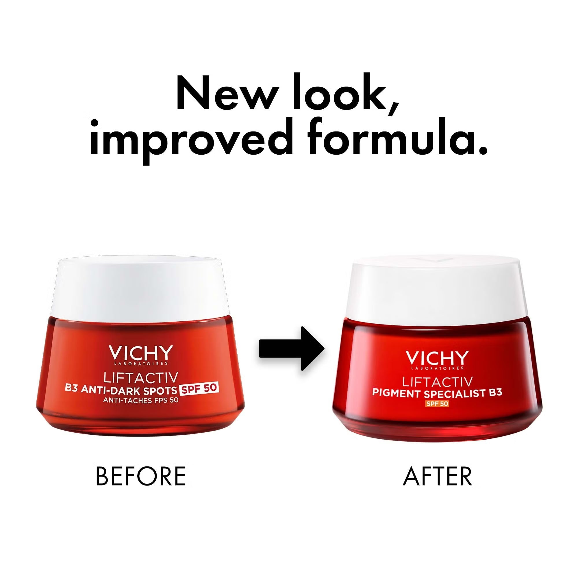 Vichy LiftActiv skincare product before and after reformulation on a white background