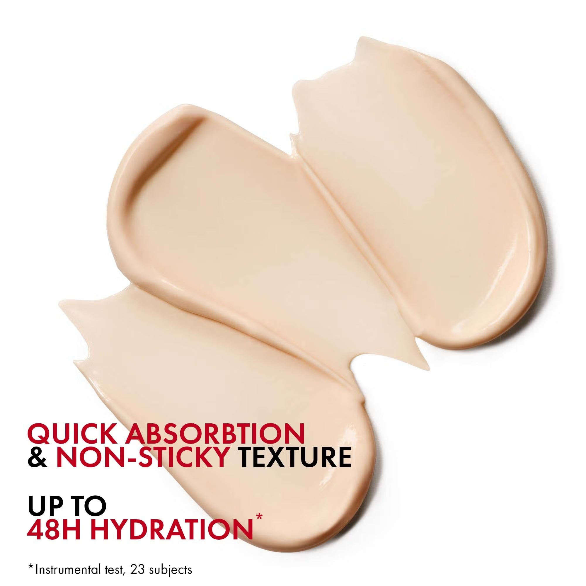 Two swatches of Vichy Liftactiv Niacinamide B3 Anti-Dark Spots & Pigmentation Cream SPF50 50ml beige cream with text highlighting quick absorption, non-sticky texture, and up to 48-hour hydration on a white background.
