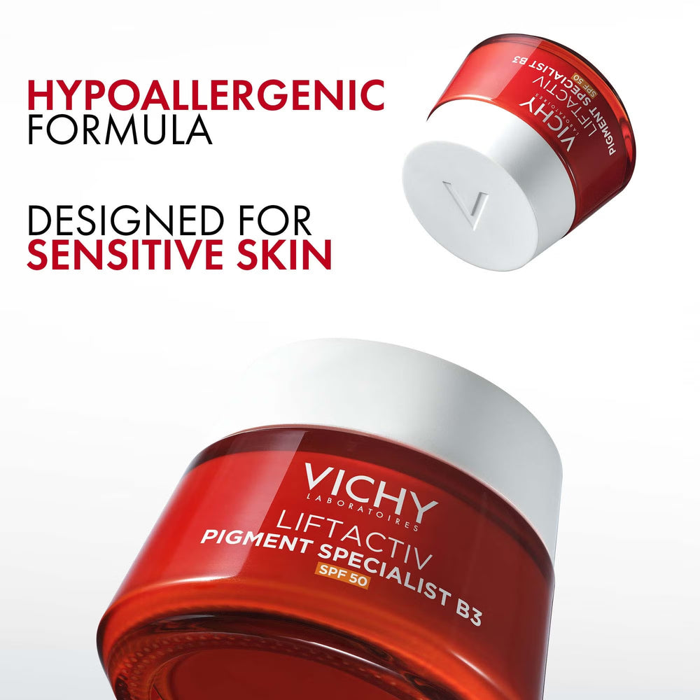Vichy Liftactiv Niacinamide B3 Anti-Dark Spots & Pigmentation Cream SPF50 50ml skincare product with red and white packaging on a white background