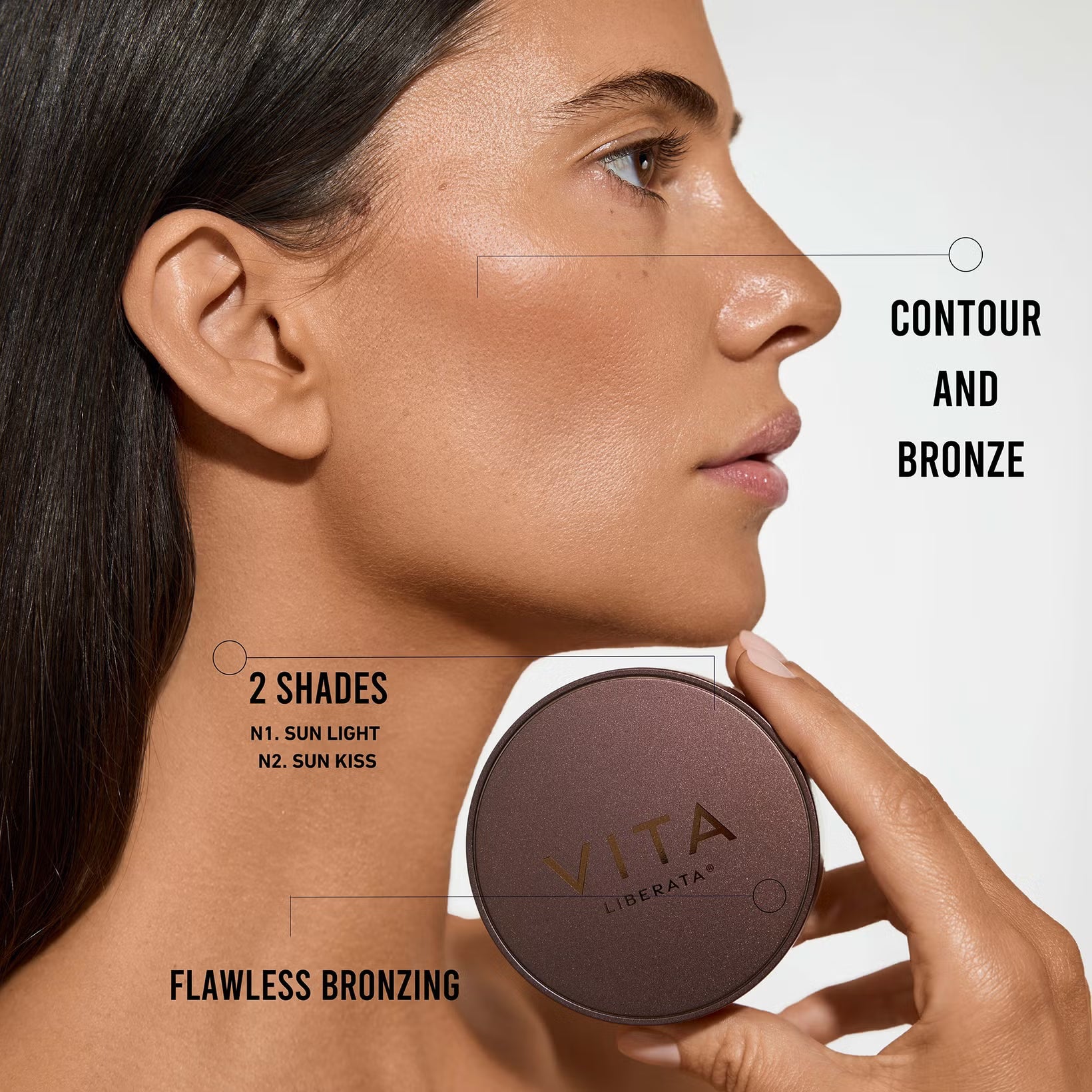 Woman applying VITA LIBERATA bronzer with text on contouring and bronze shades.