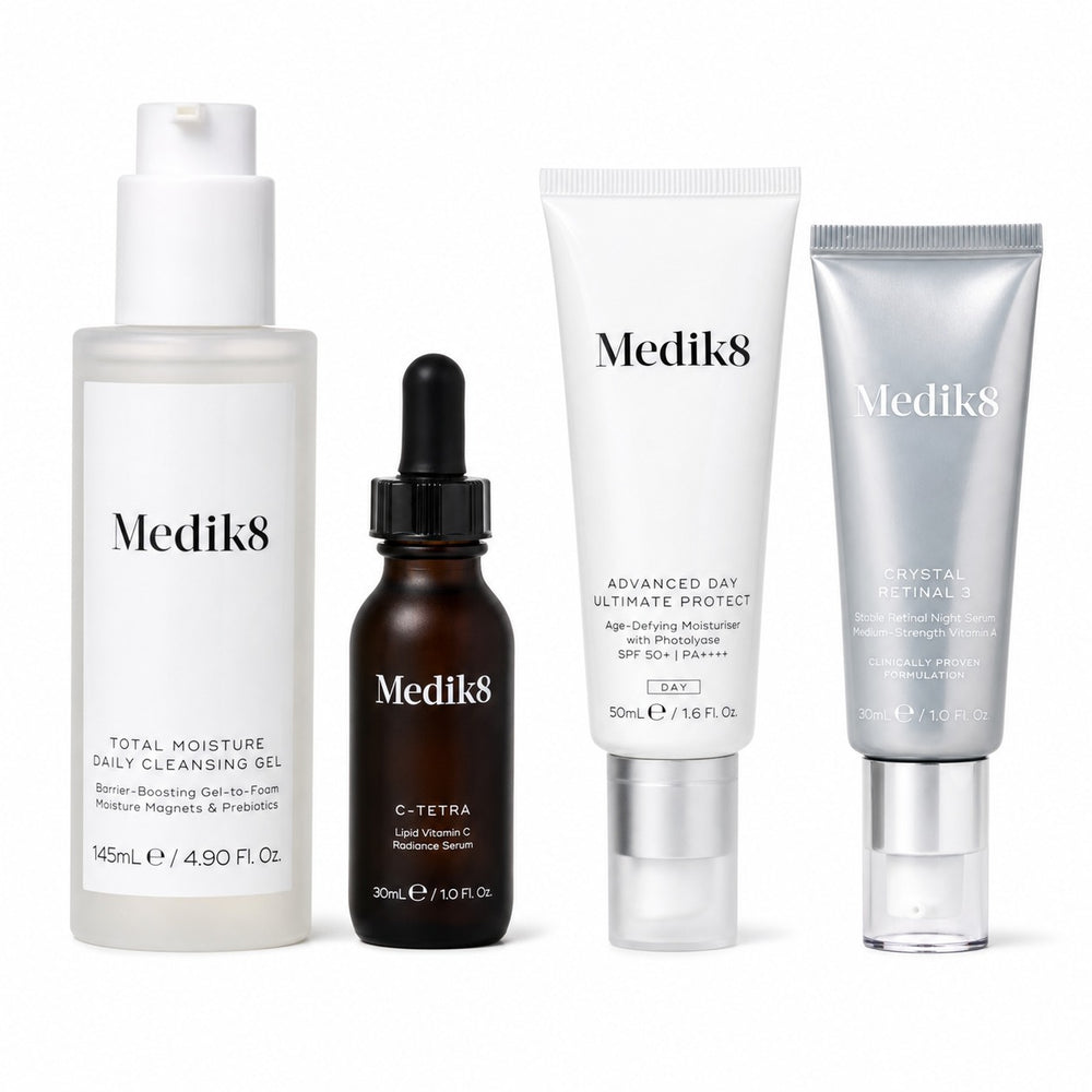 Medik8 routine bundle with Crystal Retinal 3: cleanser, C-Tetra, SPF50+ and retinal
