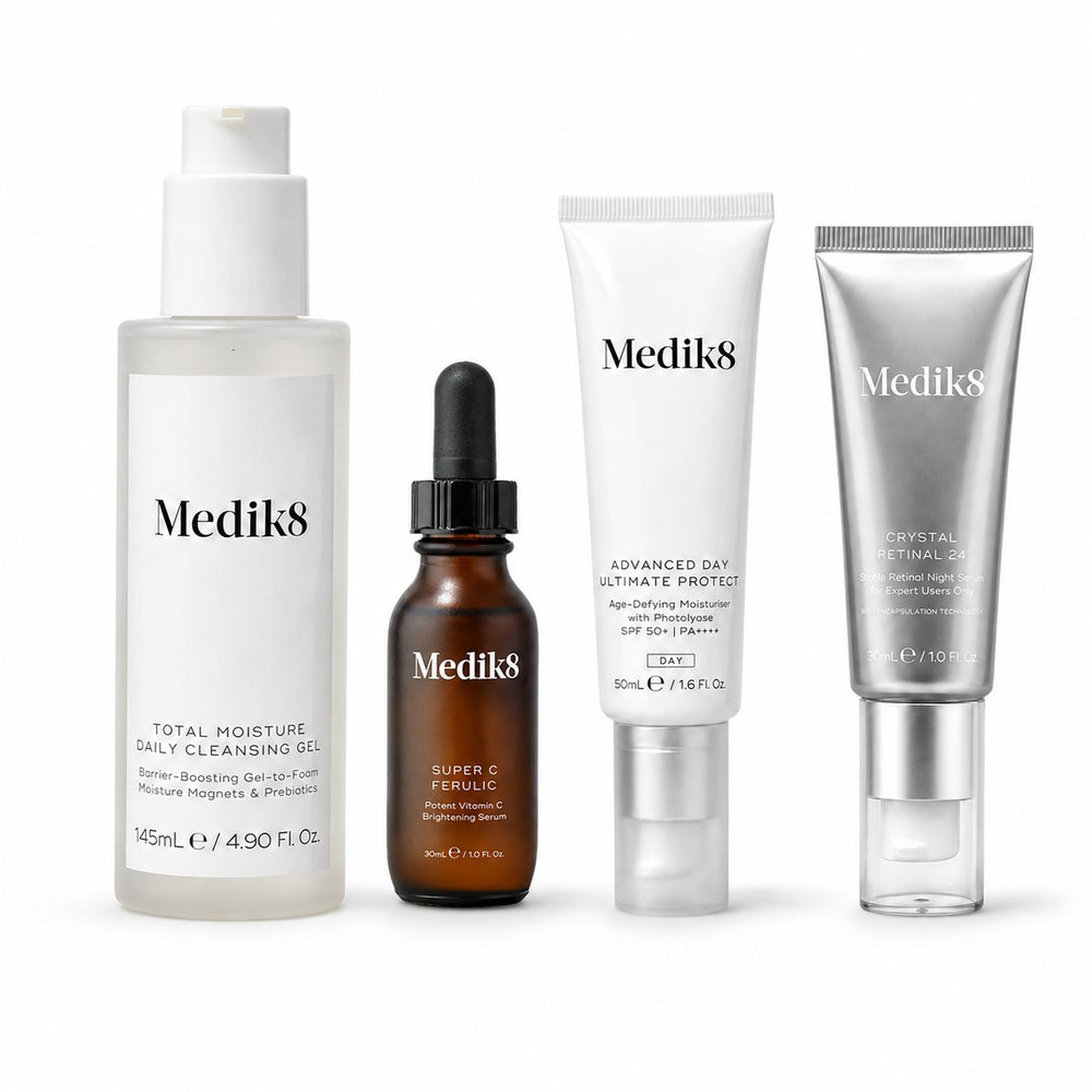 Medik8 routine bundle with Crystal Retinal 24: cleanser, Super C Ferulic, SPF50+ and retinal
