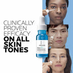 Cosmetic serum bottle with text 'Clinically Proven Efficacy on All Skin Tones' and images of people using the product.