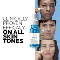 Cosmetic serum bottle with text 'Clinically Proven Efficacy on All Skin Tones' and images of people using the product.