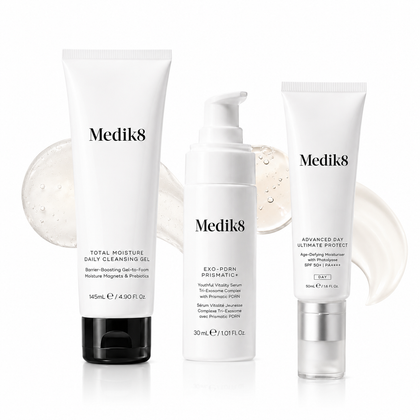 Medik8 Exo-PDRN Prismatic+ 30ml + Total Moisture Daily Cleansing Gel 145ml + Advanced Day Ultimate Protect SPF50+ Bundle