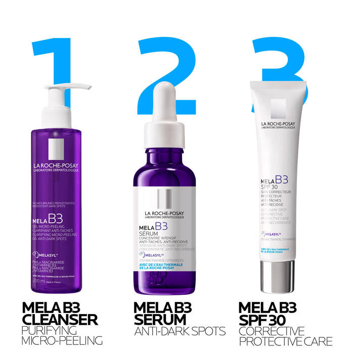 La Roche-Posay Mela B3 skincare products including cleanser, serum, and SPF on a white background.