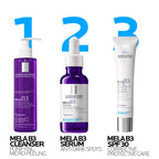 La Roche-Posay Mela B3 skincare products including cleanser, serum, and SPF on a white background.