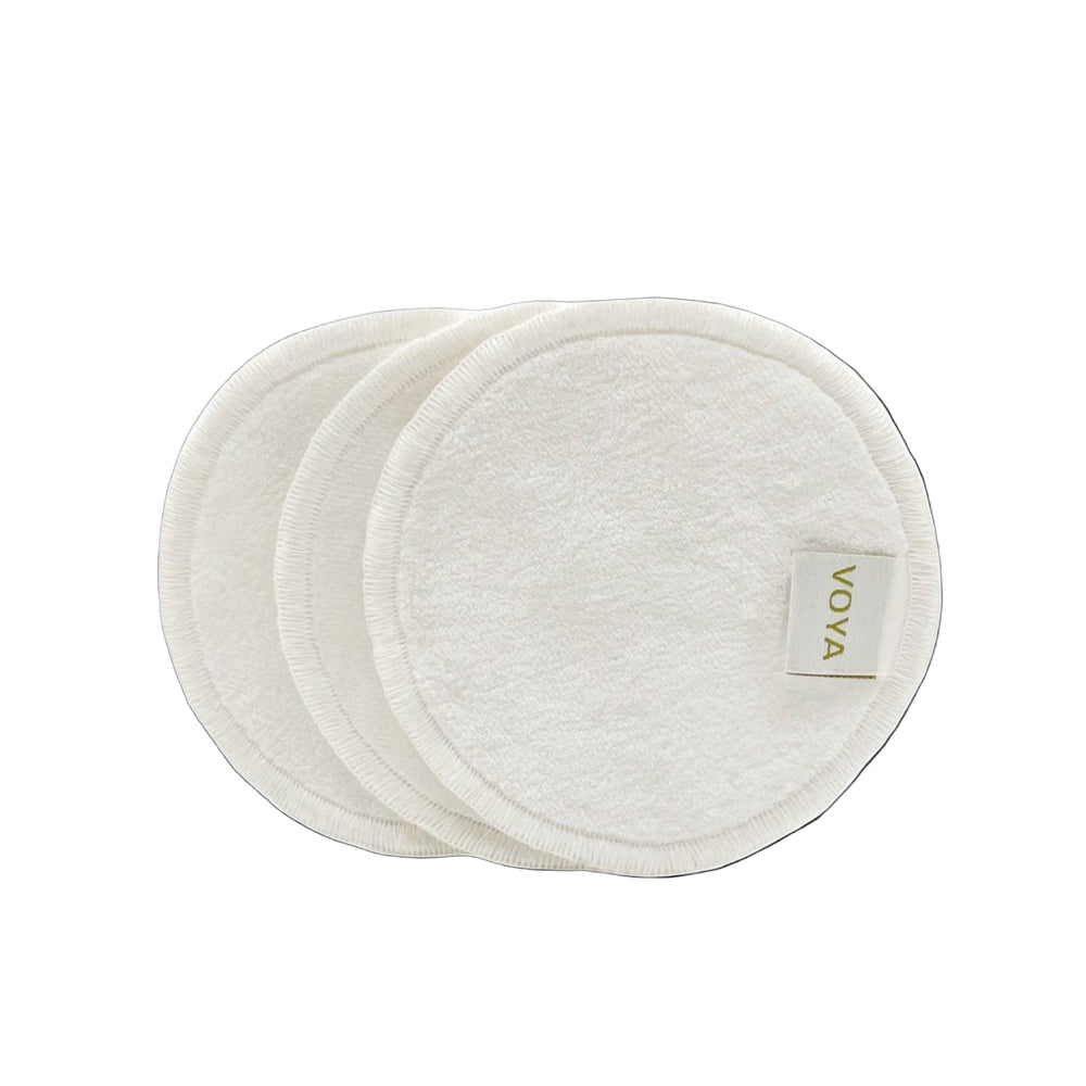 Three white VOYA Bamboo pads with the VOYA brand label on a white background