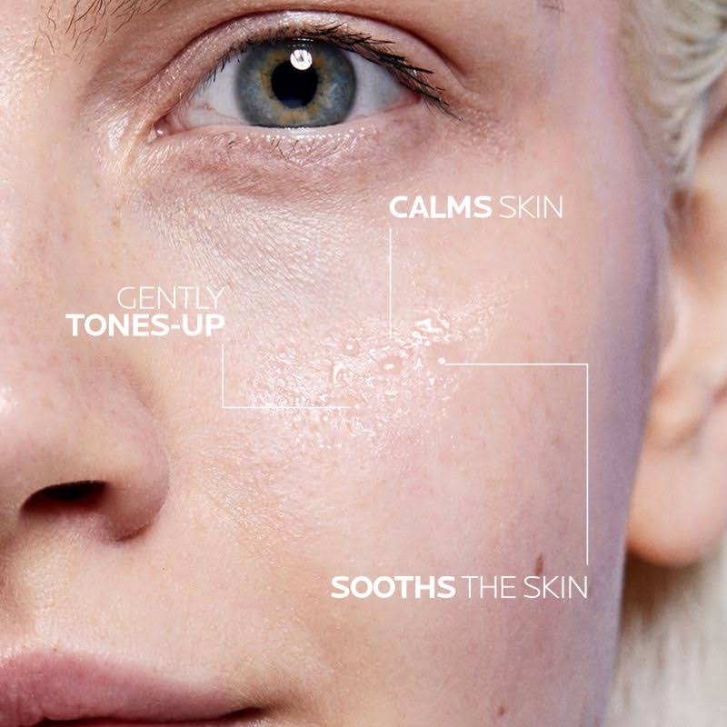 Close-up of a person's face with text indicating skin care benefits