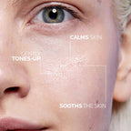 Close-up of a person's face with text indicating skin care benefits