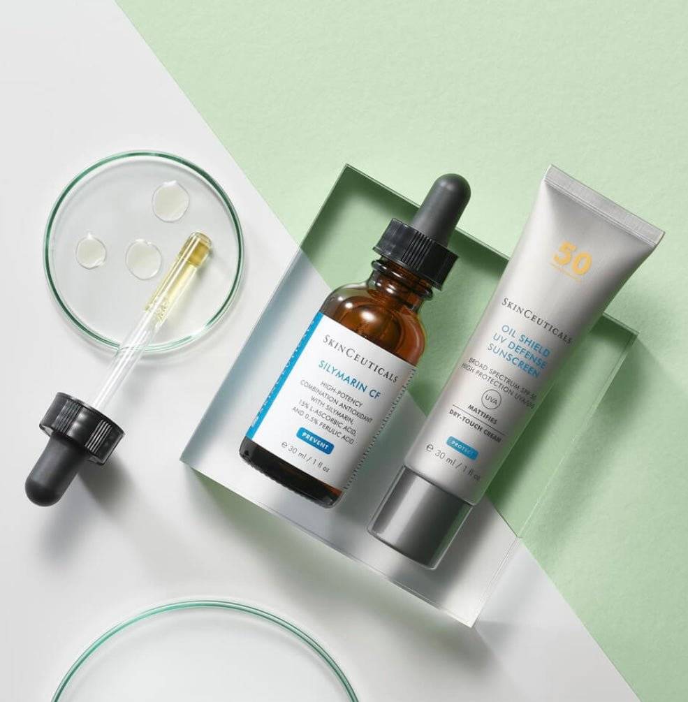 theskinbay.co.uk SkinCeuticals Double Defence Silymarin CF Kit for Oily and Blemish-Prone Skin, Worth £190 SkinCeuticals Acne/Blemish Prone Antioxidant Vitamin C Serums Mens Oily Skin Skincare Sunscreen Uneven Skin Tone