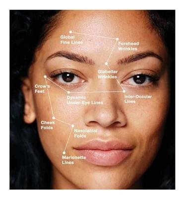 a woman's face with a diagram of the parts of her face
