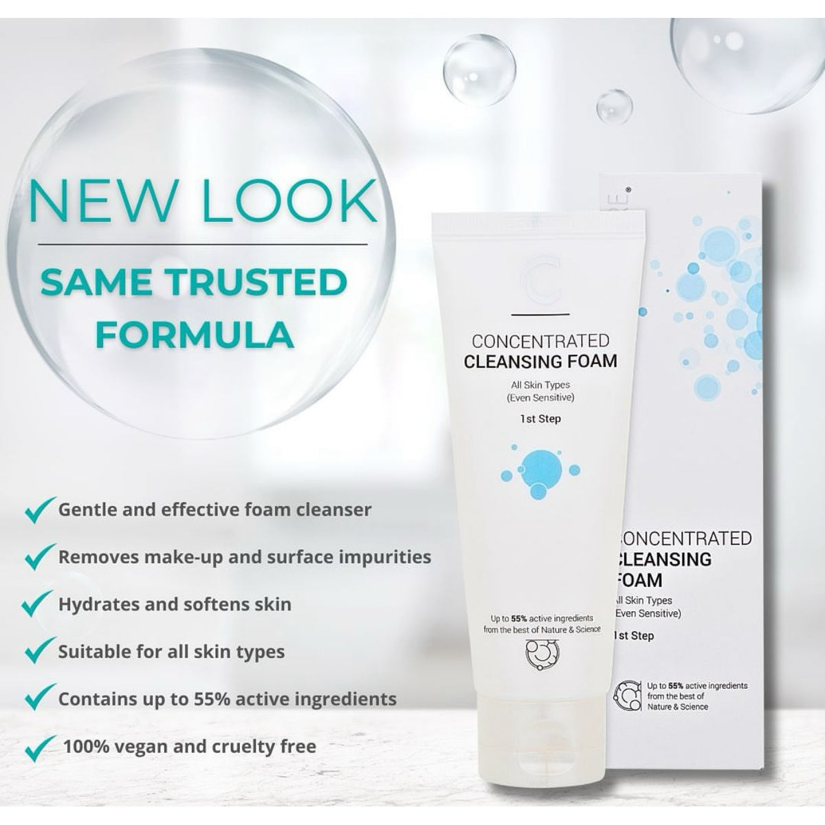 New packaging same old formula ClinicCare concentrated cleaning foam 
Make up remover all skin types vegan and cruelty free