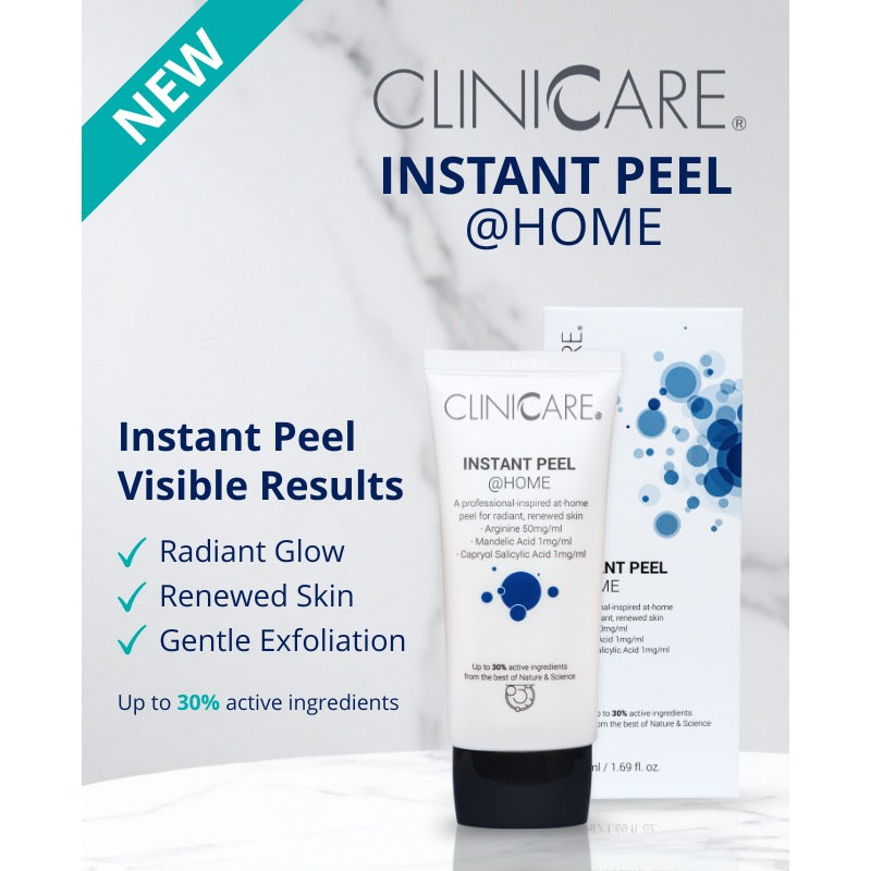 ClinicCare Instant Peel at Home promotional image highlighting radiant glow and gentle exfoliation