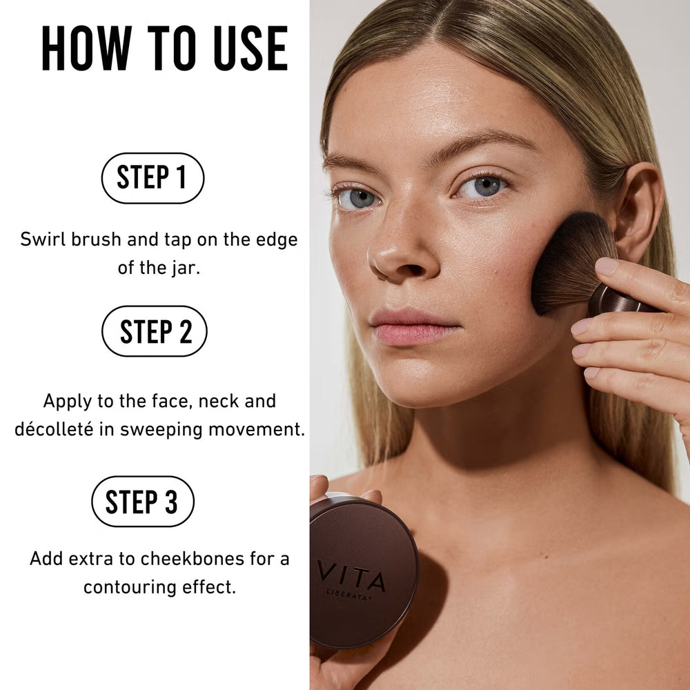 Vita Cosmetics product use guide for Trystal minerals bronzer with a woman applying makeup.