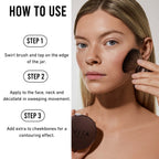 Vita Cosmetics product use guide for Trystal minerals bronzer with a woman applying makeup.