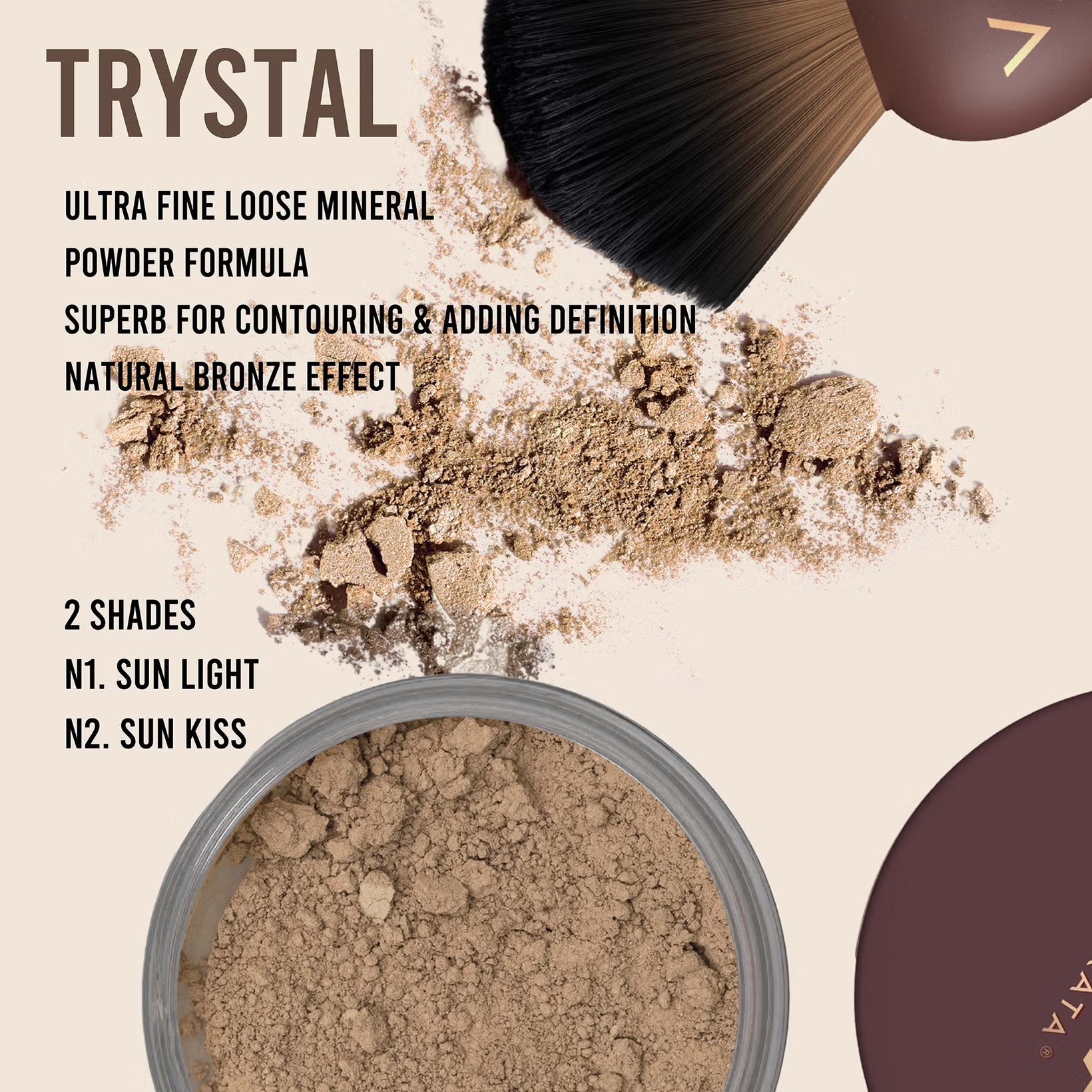 Trystal loose mineral powder with a brush and product container on a beige background