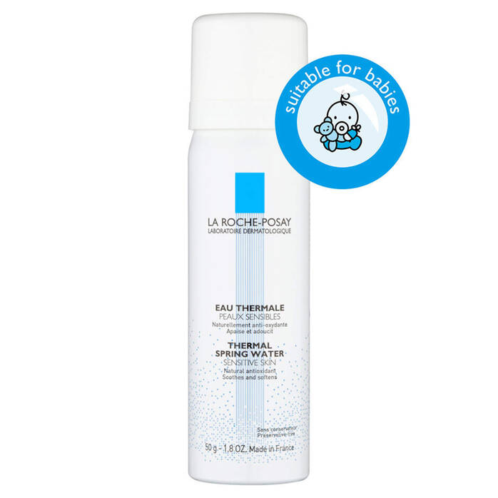 La Roche-Posay thermal spring water bottle with baby suitability badge on a white background