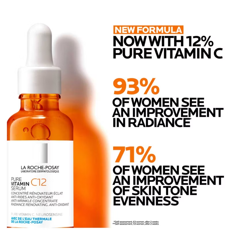 La Roche-Posay serum bottle with vitamin C content and user improvement statistics on a white background